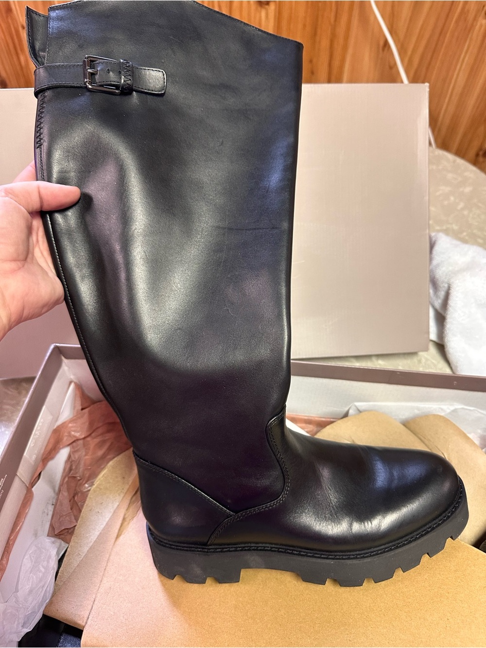Franco Sarto Black Leather Women's Knee-High Lug Sole Boot